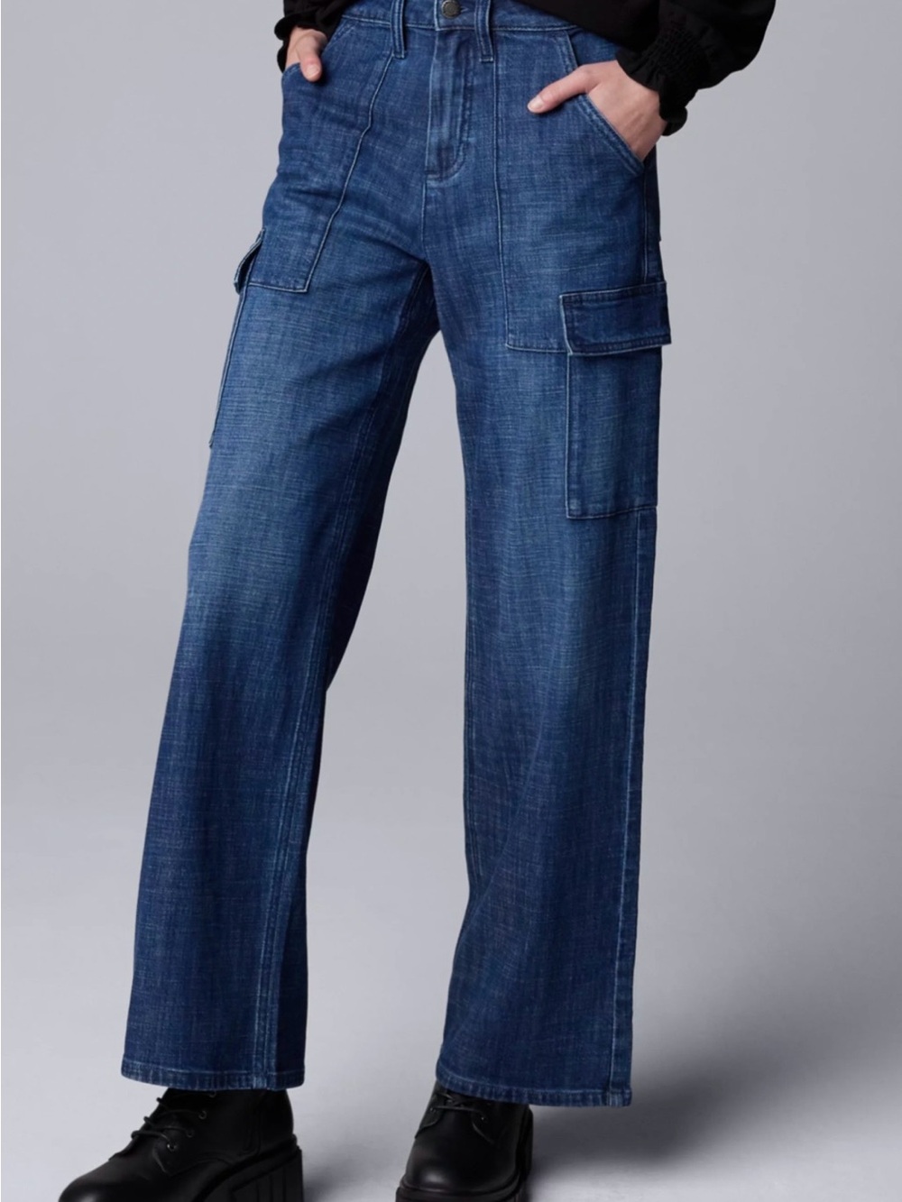 Vera Wang Wide Leg Dark Blue Denim Cargo Pants